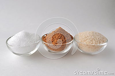 Alternative sweeteners and sugar substitutes - coconut bud sugar, xylitol, cane sugar Stock Photo