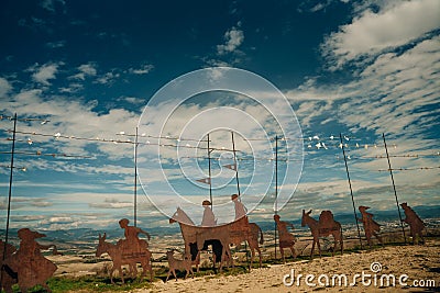 Alto del Perdon, Navarre, Spain: August 2022: Wrought iron pilgrims monument Editorial Stock Photo