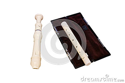 Alto recorder flute with a red case, closeup, isolated on a white backgr Stock Photo