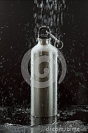 Aluminium water flask on reflective black surface Stock Photo