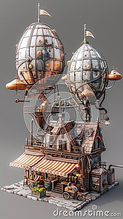 Aluminum airships steampunk city pixie mushroom juice stand Stock Photo