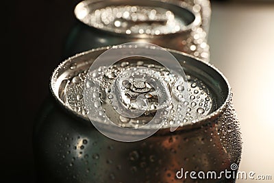 Aluminum cans of cold beer, closeup Stock Photo