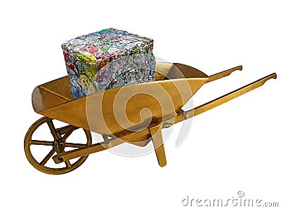 Aluminum cans in golden wheelbarrow Stock Photo