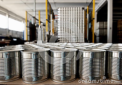Aluminum cans processed in factory line conveyor Stock Photo