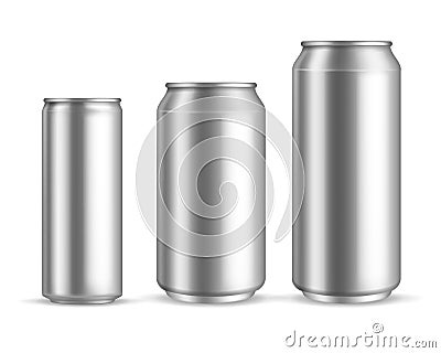 Aluminum cans realistic. Metallic blank beer or soda, water or juice can, silver empty drink packaging 300 330 500 ml Vector Illustration