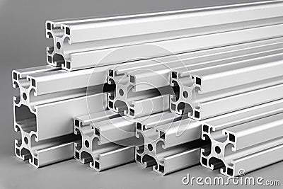 Aluminum exstrusion profile bars gray background. Metal construction industry engineering and material concept Stock Photo