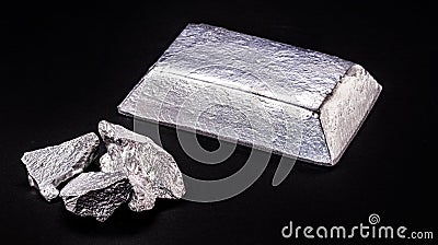 Aluminum ingot or bar next to aluminum ore, recycling or metal industry concept Stock Photo