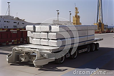 aluminum ingot being transported in wheeled transport container, with view of busy port visible in the background Stock Photo