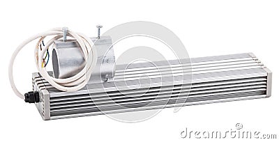 Aluminum LED industrial light bar for mounting on pipe for outdoor use isolated on white background Stock Photo