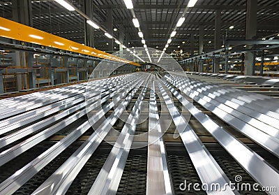 Aluminum lines on a conveyor belt Stock Photo