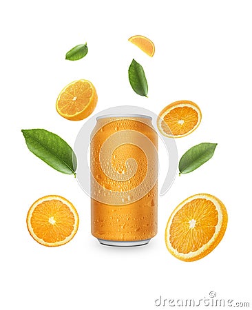 Aluminum orange soda can and falling juicy oranges with green leaves isolated on background. Flying defocusing slices of oranges. Stock Photo