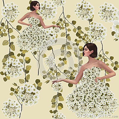 Alyssum flowers with leaves and beautiful girl. Fairies of flowers for fabric design. Beautiful flowers digital illustration,3-d Cartoon Illustration