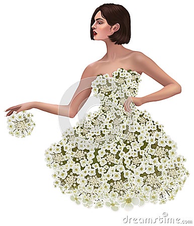 Alyssum flowers with leaves and beautiful girl. Fairies of flowers for fabric design. Cartoon Illustration
