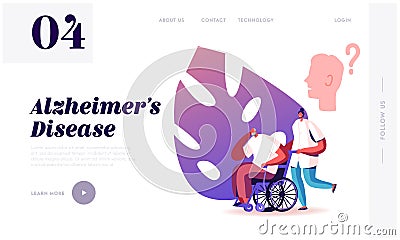 Alzheimer Disease Website Landing Page. Medical Nurse Pushing Wheelchair with Senior Man Having Memory Vector Illustration