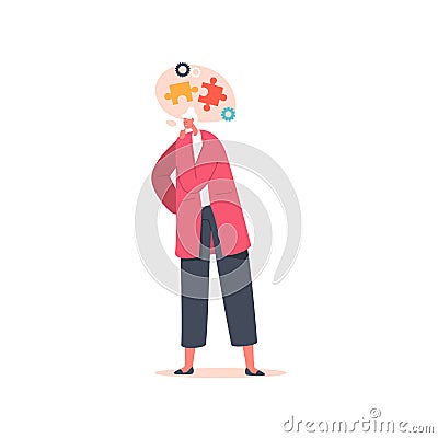 Alzheimer Illness Disease Patient, Senility Concept. Senior Mature Woman Suffering From Brain Disease and Memory Loss Vector Illustration