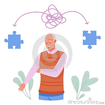 Alzheimer man. Dementia elderly people, treatment memory disease, care old brain of senior, vector illustration Vector Illustration