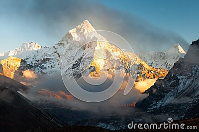 Ama Dablam 6856m peak near the village of Dingboche in the Khumbu area of Nepal, on the hiking trail leading to the Stock Photo