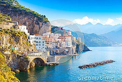 Amalfi cityscape on coast line of mediterranean sea, Italy Stock Photo
