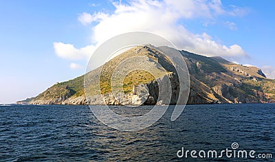 Amalfi Coast uncontaminated view from a ship in the middle of Mediterranean sea, Italy Stock Photo