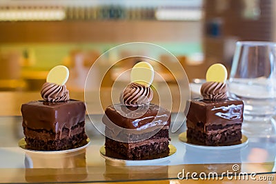 Amandina cake dessert, a chocolate, caramel and rum syrup sweet dessert Stock Photo