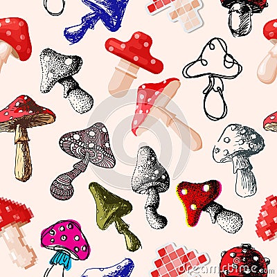 Amanita fly agaric toadstool mushrooms fungus different art style design vector illustration red hat seamless pattern Vector Illustration