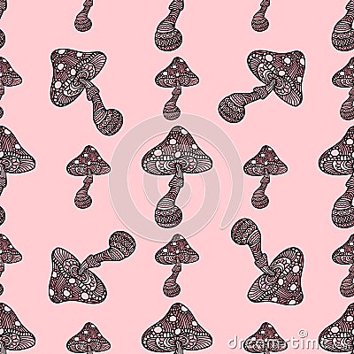 Amanita fly agaric toadstool mushrooms fungus seamless pattern art style design vector illustration. Vector Illustration