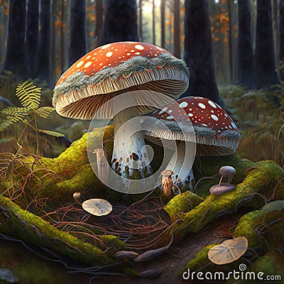 Amanita muscari, fly agaric beautiful red-headed hallucinogenic toxic mushrooms in the forest Cartoon Illustration