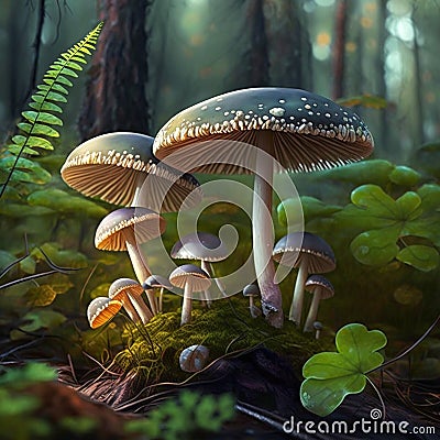 Amanita muscari, fly agaric beautiful red-headed hallucinogenic toxic mushrooms in the forest Cartoon Illustration