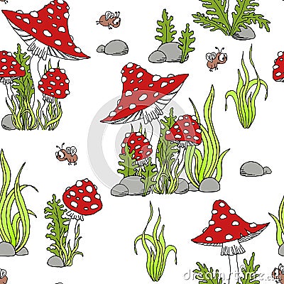 Ð attern amanita mushroom sketch black outline different elements isolated on white background Stock Photo