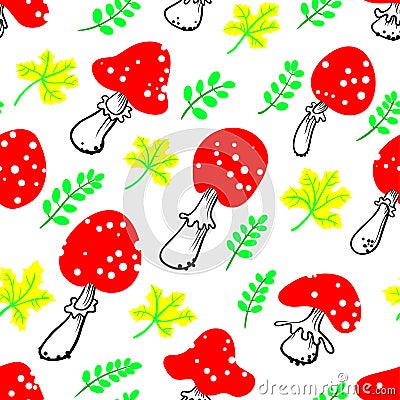 Amanita seamless pattern. Mushroom background with autumn leaves Vector Illustration