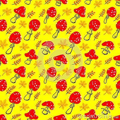 Amanita seamless pattern. Mushroom background with autumn leaves Vector Illustration