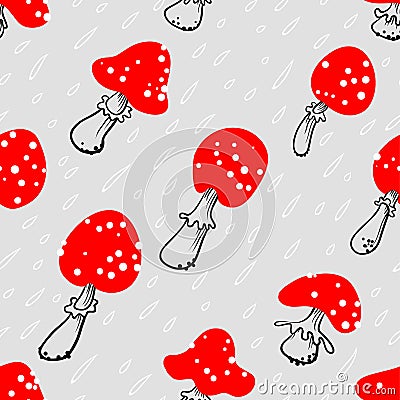 Amanita seamless pattern. Mushroom background with rainy drops. Vector Illustration