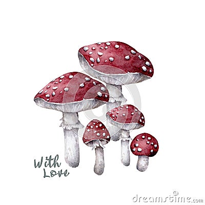 Amanitas and pines. Watercolor mushrooms in the forest illustration. Fly agaric. Forest, clearing, mycelium. Autumn Cartoon Illustration