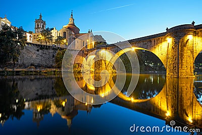 Amarante church view with Sao Goncalo bridge at night, in Portugal Stock Photo