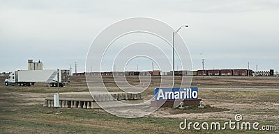 Amarillo, TX signage on east end of the city with trains Editorial Stock Photo