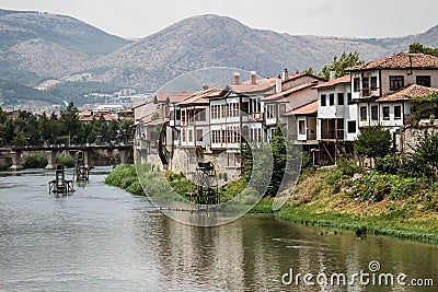 Amasya`s old traditional houses near river Editorial Stock Photo