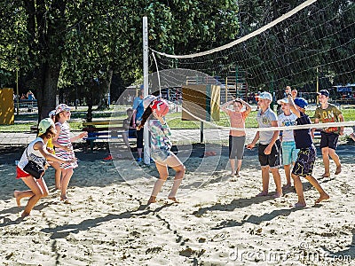 Amateur beach volleyball competition in the children's recreation camp in Anapa in the Krasnodar region of Russia. Editorial Stock Photo