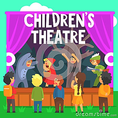 Amateur Children Theatre Performance Of A Red Hood Fairy Tale Vector Illustration