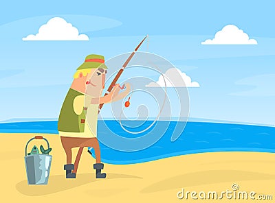 Amateur Fisherman Character Standing on Sea Shore and Catching Fish with Rod Cartoon Vector Illustration Vector Illustration