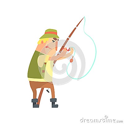 Amateur Fisherman In Khaki Clothes Placing A Worm Bait On Hook Cartoon Vector Character And His Hobby Illustration Vector Illustration