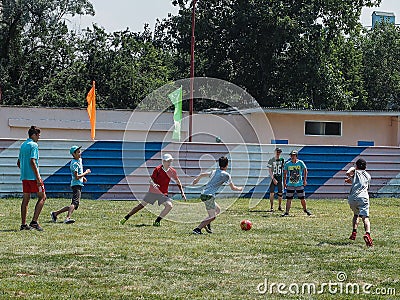 Amateur football competitions in the children's recreation camp in Anapa in Krasnodar region of Russia. Editorial Stock Photo