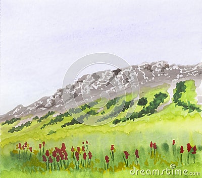 Amateur watercolor drawing of mountains and blooming fields against a blue sky Stock Photo