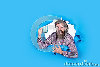 amazed bearded brutal man with moustache hold coffee cup, morning Stock Photo