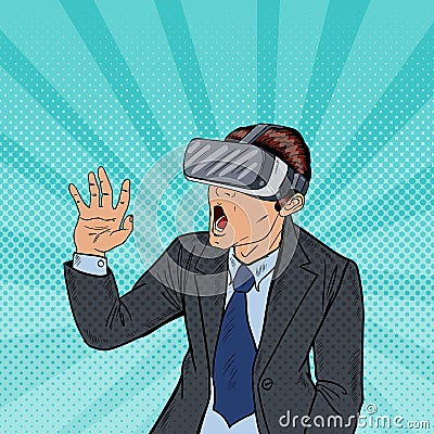 Amazed Business Man in Virtual Reality Goggles. Pop Art Vector Illustration