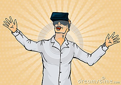 Amazed Businessman in Virtual Reality Goggles. Vector Illustration