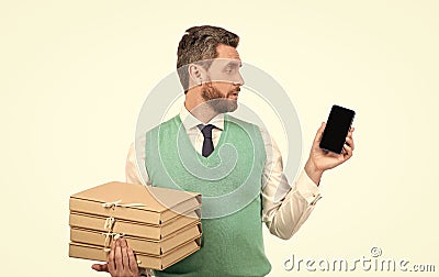 amazed ceo with documents. boss with phone isolated on white. a lot of work. Stock Photo
