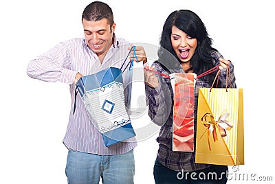 Amazed couple of what they bought Stock Photo