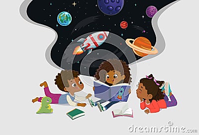 Amazed dark skin kids reading fantasy cosmos book storybook open space galaxy travel by spaceship Vector Illustration