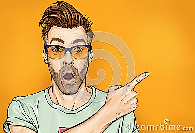 Amazed fashionable guy in glasses with open mouth, stares aside, shows something strange and unexpected. Stock Photo