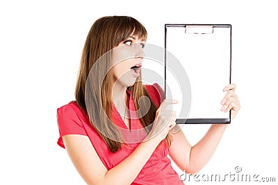 Amazed girl with advertising blank board Stock Photo